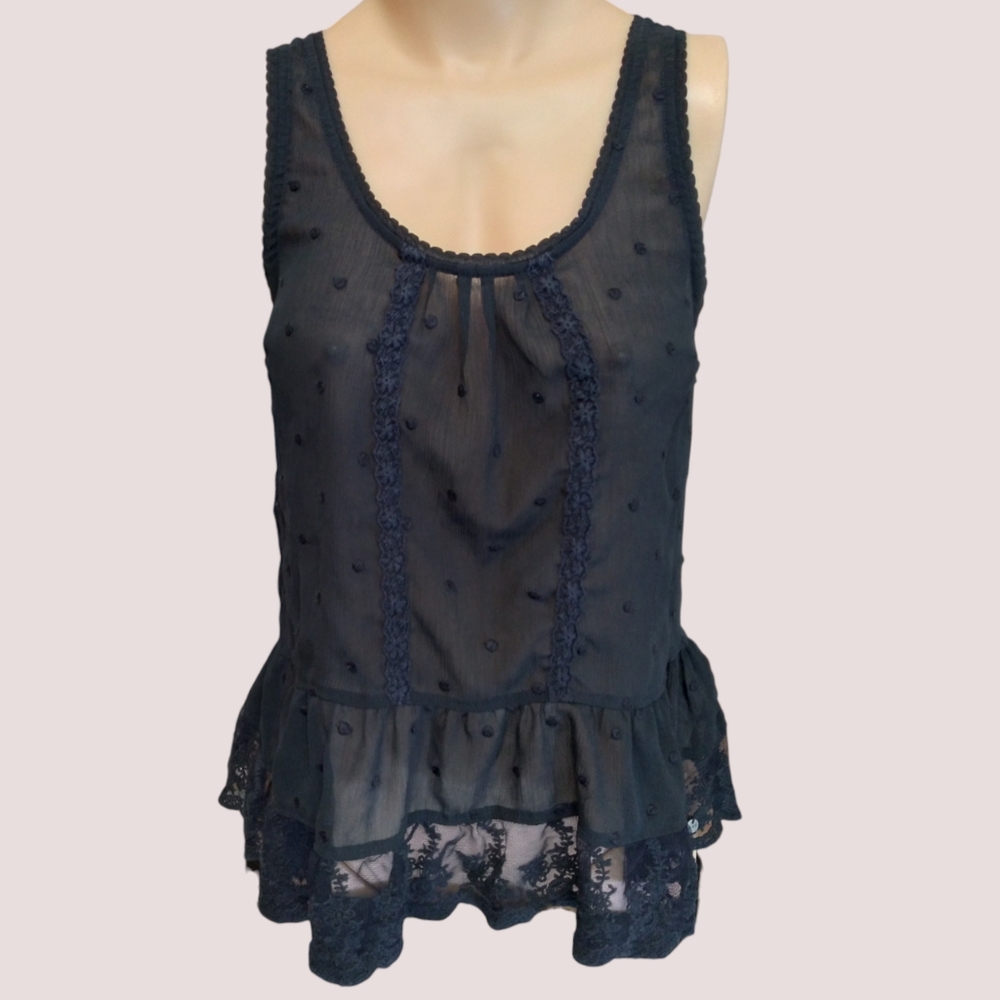 Ambercronbie Women's Med Black Sheer Coquette Whimsygoth Fairy Tank Lace Detail